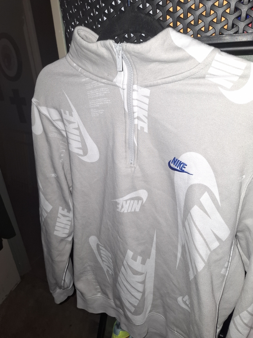 Nike Light Gray All-Over Logo Half-Zip Pullover with Blue Swoosh
